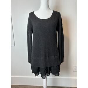 Soft Surroundings Black Pullover Wool Blend Sweater with Woven Ruffle